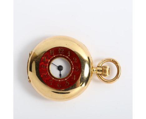 A miniature Swiss 18ct gold half hunter pocket watch, white enamel dial with Roman numeral hour markers, blued steel hands an