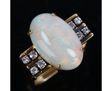 A 1970s opal and diamond dress ring, unmarked gold square shank set with oval cabochon opal and modern round brilliant-cut di