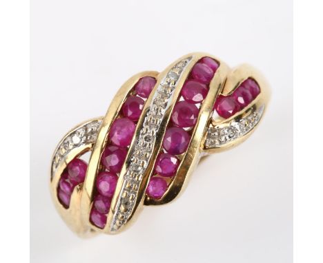 A modern 9ct gold ruby and diamond crossover dress ring, setting height 10.2mm, size P, 2.9gNo damage or repairs, all stones 