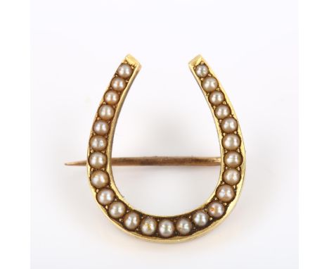 A Victorian 15ct split pearl lucky horseshoe brooch, brooch height 20.6m, 1.9gNo damage or repairs, all stones present, brooc