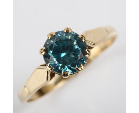 An early/mid-20th century 9ct gold solitaire blue zircon ring, zircon measures 6.70mm x 4.13mm, size M, 1.9gNo damage, zircon