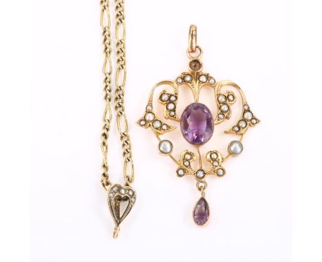 An Edwardian 9ct rose gold amethyst and pearl openwork pendant necklace, on later 9ct fine figaro link chain, pendant height 