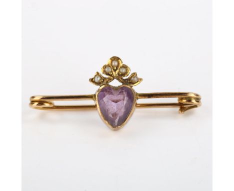 An early 20th century amethyst and pearl sweetheart bar brooch, unmarked gold settings with heart-cut amethyst, brooch length