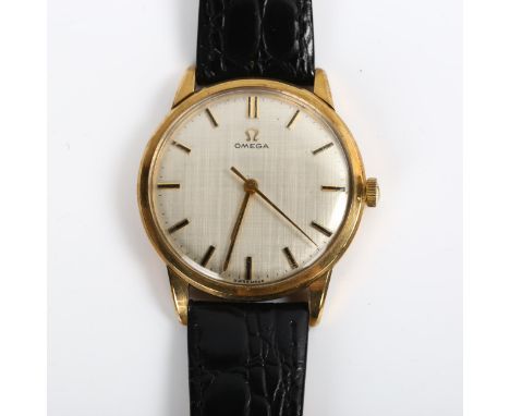 OMEGA - a Vintage 9ct gold mechanical wristwatch, textured dial with baton hour markers and sweep centre seconds hand, 17 jew