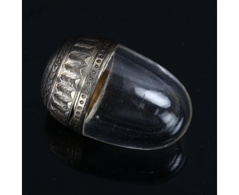 A miniature French silver-mounted glass egg vinaigrette, engraved and engine turned decoration, with gilt interior and pierce