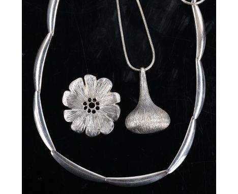 3 pieces of Danish stylised sterling silver jewellery, comprising pendant necklace, necklace and brooch, pendant height 40.5m
