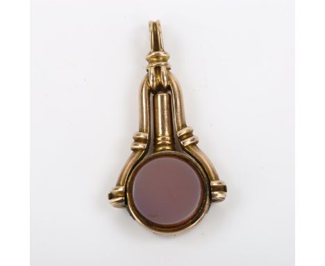 An Antique 10ct gold swivel pocket watch key fob, with inset bloodstone and sardonyx, hardstone diameter 12mm, 5.2gNo damage 