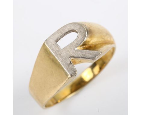 A Continental 14ct gold initial R signet ring, setting height 10.8mm, size U, 5.2gNo damage, settings quite worn on high poin