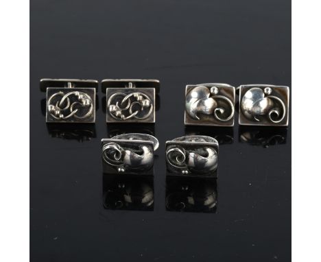 3 pairs of Danish stylised silver cufflinks, makers include Krogmar, largest panel length 18.2mm, 39.7g total (3 pairs)No dam