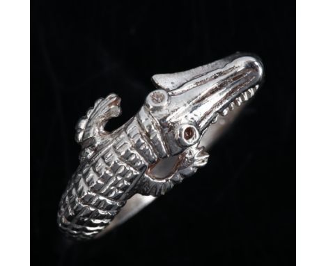 A modern sterling silver figural crocodile ring, setting height 9.6mm, size Q, 3.2gNo damage or repairs, only light surface w