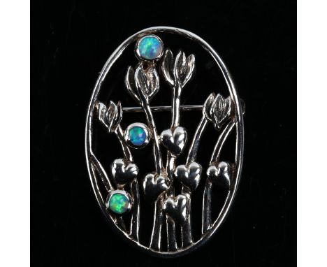 A sterling silver opal heart floral brooch, brooch height 32.4mm, 4.8gNo damage or repairs, all stones present, brooch fittin