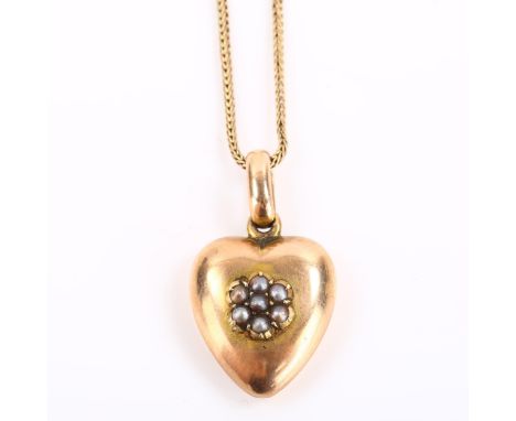An Antique 9ct rose gold pearl heart memorial pendant necklace, with woven hair panel backing under glass, on 9ct chain, pend