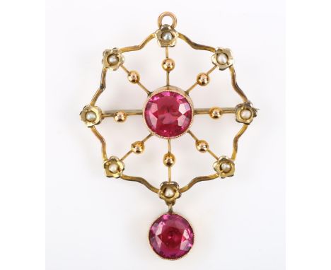 CHARITY LOT (SOLD ON BEHALF OF ST MICHAEL'S HOSPICE) - an Art Nouveau 9ct rose gold pink paste and split pearl spiderweb pend