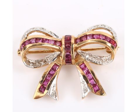 A late 20th century ruby and diamond ribbon bow brooch, unmarked gold settings with square-cut ruby and modern round brillian