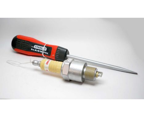 Vintage and classic car parts, a display oversize model Stanley Magnum screwdriver and another model of a Champion spark plug