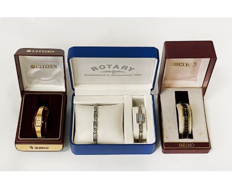 THREE LADIES WATCHES INCL. ROTARY &amp; SEIKO - BOXED