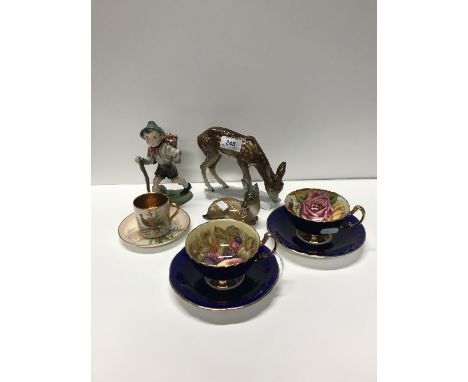 PAIR OF AYNSLEY CUP & SAUCER,  CROWN DEVON CUP AND SAUCER, 2 GERMAN ANIMALS (9 PIECES)