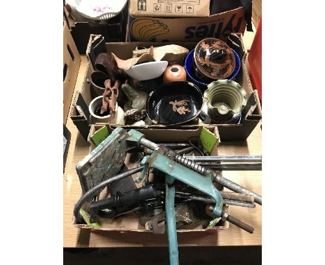 BOX OF TOOLS & BOX OF STUDIO POTTERY