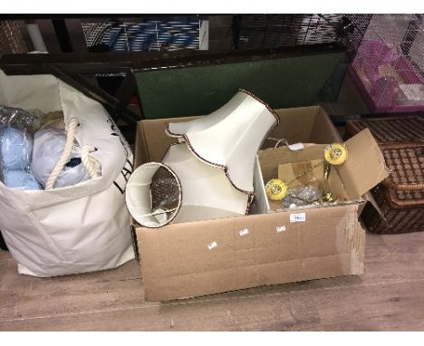 1 BAG OF WOOL, BOX OF LIGHTING AND 1 PICNIC CASE
