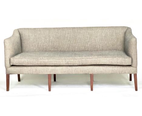 SOFA, early 19th century mahogany framed with padded arms, square section supports and grey weave upholstery, 192cm x 74cm x 