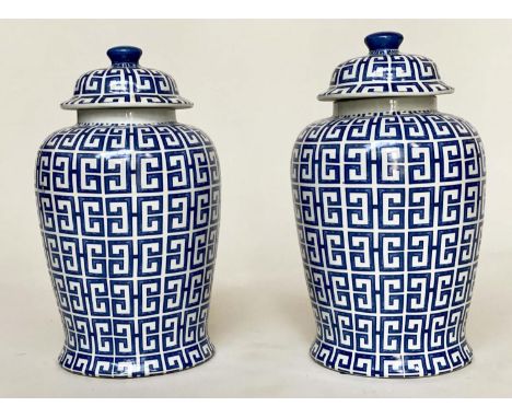 TEMPLE JARS, a pair, Chinese blue and white ceramic, ginger jars form with lids, 44cm H. (2) 