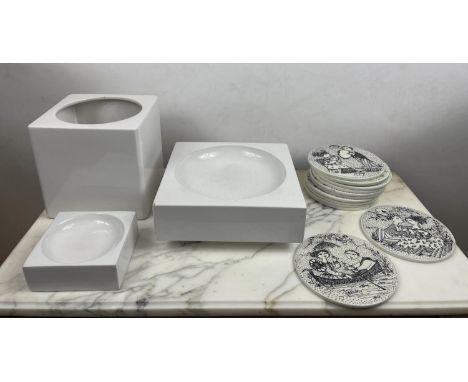 TROIKA POTTERY, three pieces two shallow bowls and a jardinière in clear craquelure glaze along with a set of twelve ceramic 