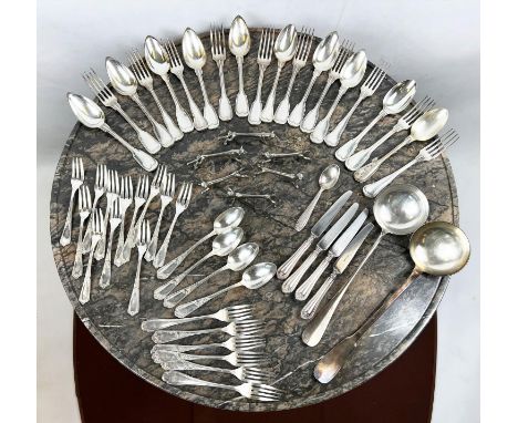 QUANTITY OF FRENCH SILVER PLATED FLATWARE, including a Christofle ladle, animal knife rests and various other pieces (some bo