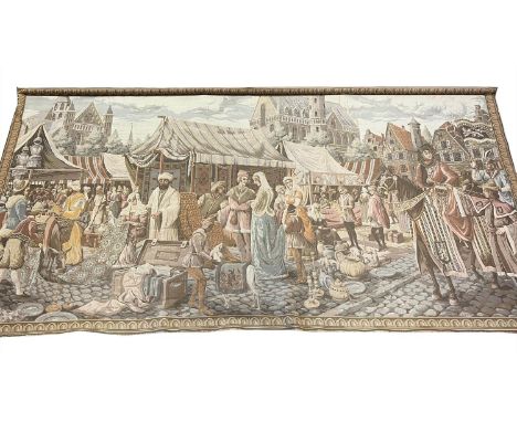 TAPESTRY, 127cm x 250cm, depicting a medieval market scene. 