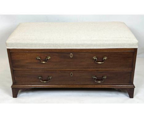 BENCH, 55cm H x 110cm x 56cm, 19th century mahogany of two drawers with later taupe linen padded top. 