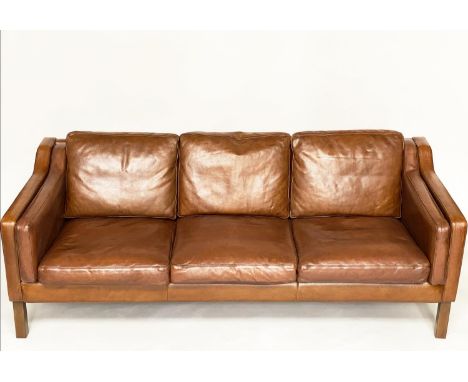 DANISH SOFA, 1970's three seater with grained leather and teak supports, 190cm W. 