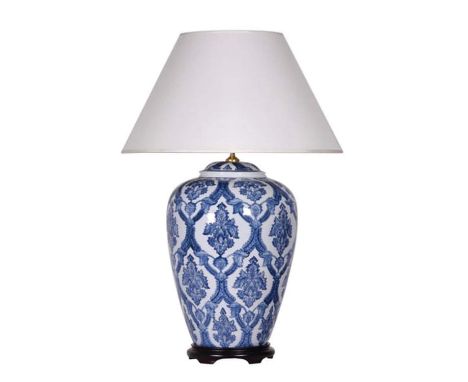 TABLE LAMP, white transfer Chinese Export style blue and white glazed ceramic, tapered form, black plinth base with shade, 88