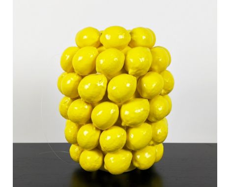 VASE, glazed yellow ceramic, with lemon detail, 30cm H. 