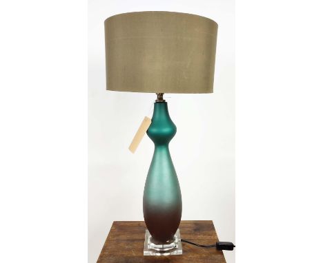 JOHN RICHARDS TABLE LAMP, blue opaque texture glass body, baluster form, lucite base, grey shade, 78cm H x 36cm diam. 