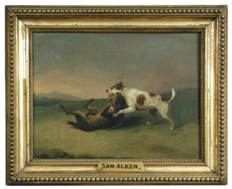 Samuel Alken (British, 1756-1815) Two dogs fighting in a landscape oil on canvas 21 x 29cm (8 x 11in)  Cleaned and revarnishe