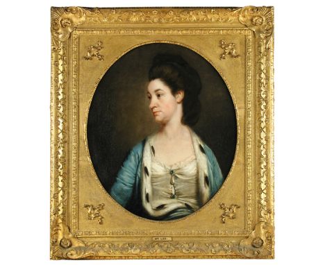 Attributed to Frances Cotes, RA (British, 1726-1770) Portrait of Mrs Lee (d.1806) in a blue cloak trimmed with ermine, a pear