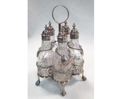 A small George III silver cruet frame, by Thomas Daniell, London 1773, the five bottle frame pierced around a central column 