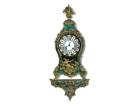 P. Courtois A Paris, a French mid 18th century green and painted tortoiseshell bracket clock and bracket, the ormolu mounted 