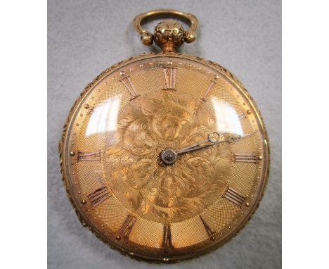 An 18ct gold open face pocket watch, London 1837, unsigned movement numbered 19204, key wind, rear dust cover, engine turned 