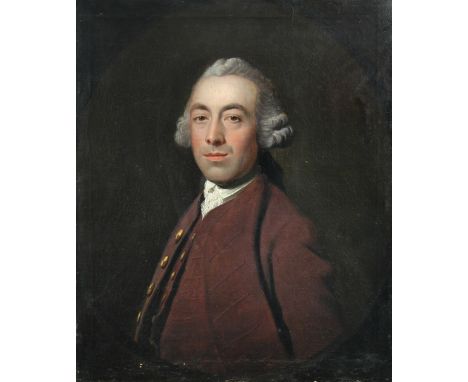 William Hoare, RA (British, 1706-1799) Portrait of a gentleman, in a white lace stock, maroon coat and powdered wig oil on ca