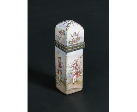 An enamel on copper scent bottle, probably French, of square section, painted with Romantic figures, the gilt interior with c