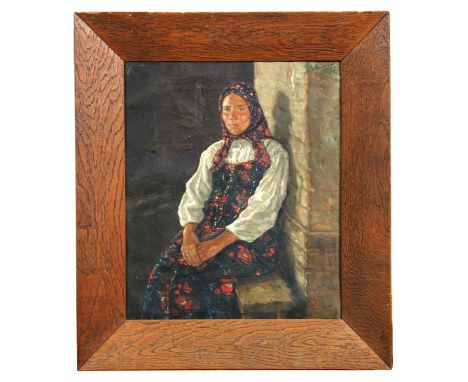 Filip Malyavin (Russian, 1869-1940) Study of a Russian peasant girl in floral scarf and dress signed upper right "Malyavin / 