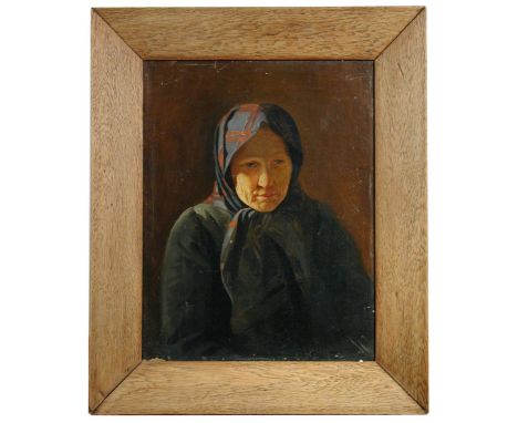 Evgraf Semenovich Sorokin (Russian, 1821-1892) Portrait of a peasant woman in a checked headscarf inscribed on the reverse in