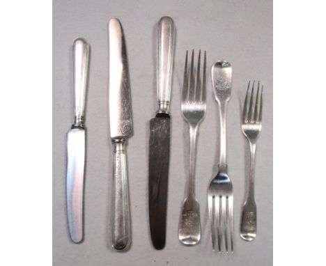 A part canteen of George III/George IV and later Hanoverian pattern silver cutlery, comprising six table forks and dessert fo