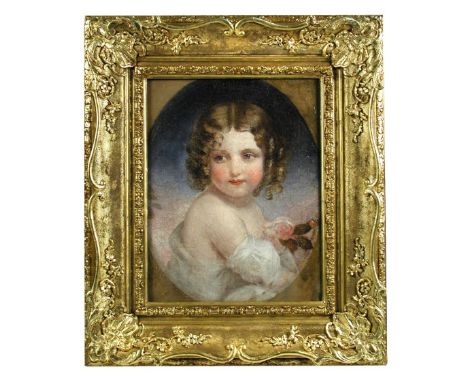 Circle of Margaret Sarah Carpenter (British, 1793-1872) Portrait of a young girl, with her hair in ringlets, holding roses oi