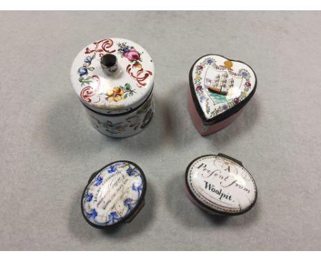 Four South Staffordshire enamel boxes, comprising a heart-shaped box painted with a ship, a floral painted string box and two