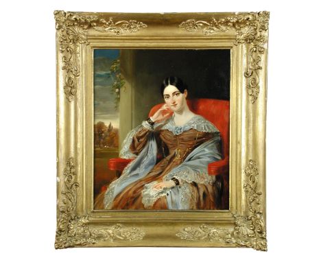 Attributed to James Hayllar, RBA (British, 1829-1920) Portrait of Miss Walker, seated, in a brown dress and grey shawl, her h