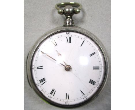 A silver pair cased verge pocket watch, Thomas Maston, London 1808, movement no. 6239, hairline cracks to enamel dial, plain 