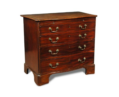 A George III mahogany Serpentine front chest, line inlaid and crossbanded decoration to the top, fitted with a brushing slide