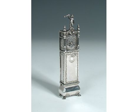 A Continental silver miniature 'longcase clock' box, probably Dutch, pseudo hallmarks to the base, stamped 925 twice, putto f