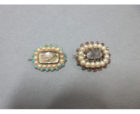 Two 19th century seed pearl and gem set lace pins, both of rectangular cushion outline, the first with a glazed panel of curl